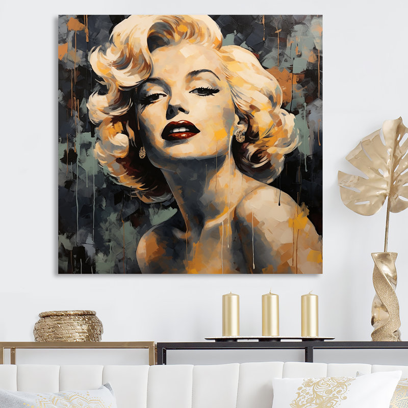 Art mural rétro femme jaune et beige Marilyn Manroe III, H 36 po x l 36 po x P 1,5 po, Toile tendue