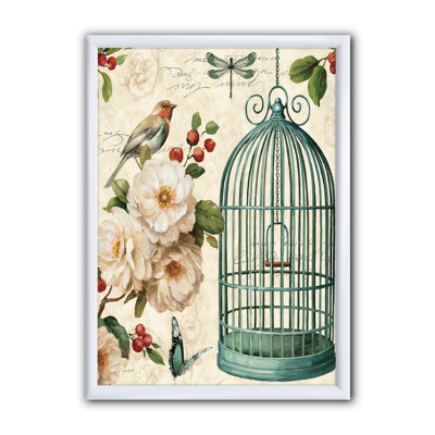 " Blue Cottage Bird, Birdcage And Apple Blossoms II "