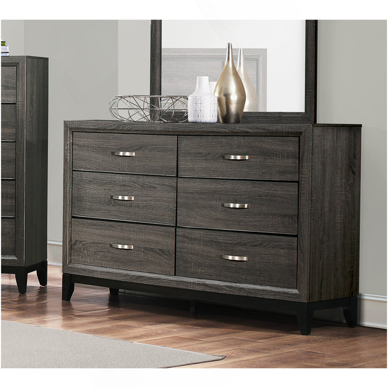 Mobilier de chambre à coucher en bois poli à finition grise avec commode 1 tiroir 6 pièces Contemporary Design