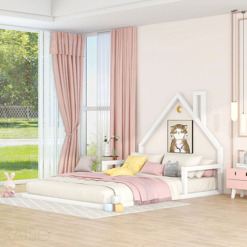 Lit double en bois avec tête de lit en forme de maison, blanc, Blanc