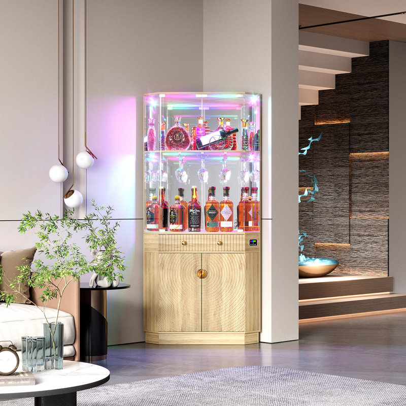 Corner Display Cabinet with Human Body Sensor RGB Lights, Wine Cabinet Liquor Stand with Glass Holder, Oak
