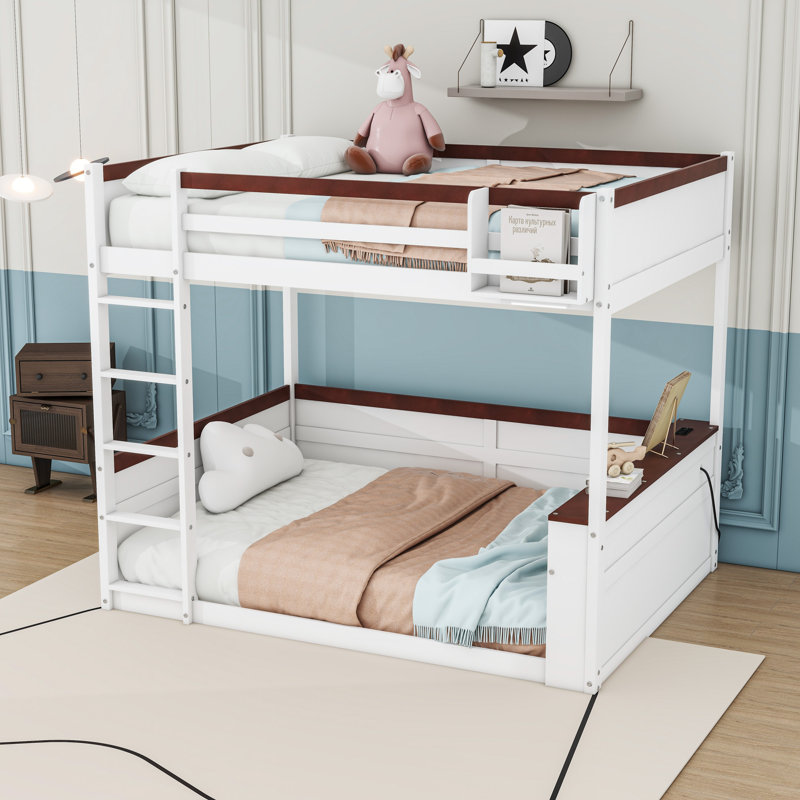 Grand lit superposé en bois avec tablettes intégrées, lumière DEL et USB, Blanc