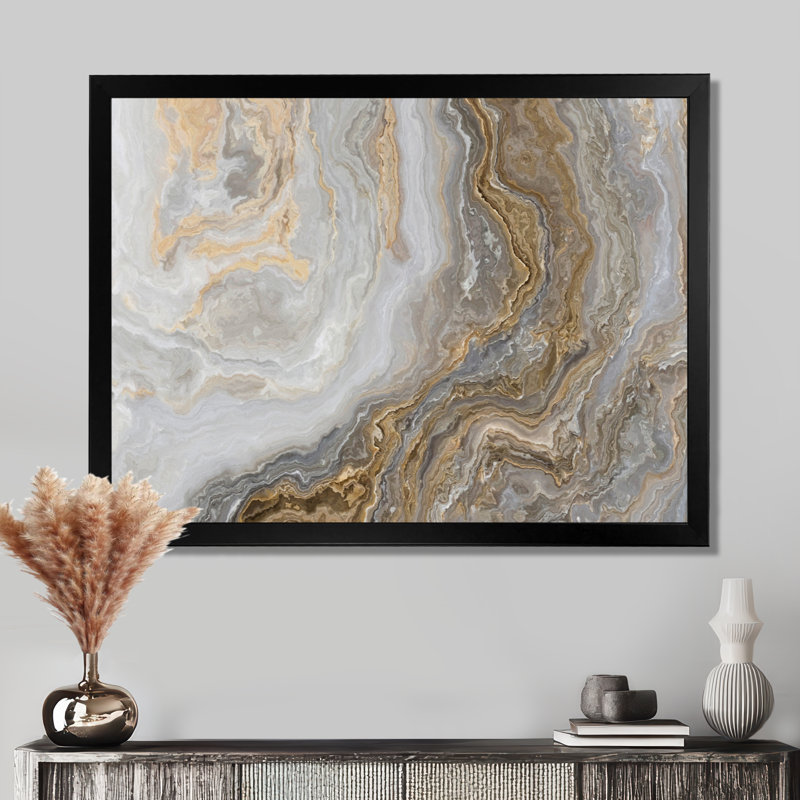 Marble Wall art - White Marble With Curley Grey And Gold Veins - Canvas Painting Print, 34" H x 44" W, Floater Framed Print