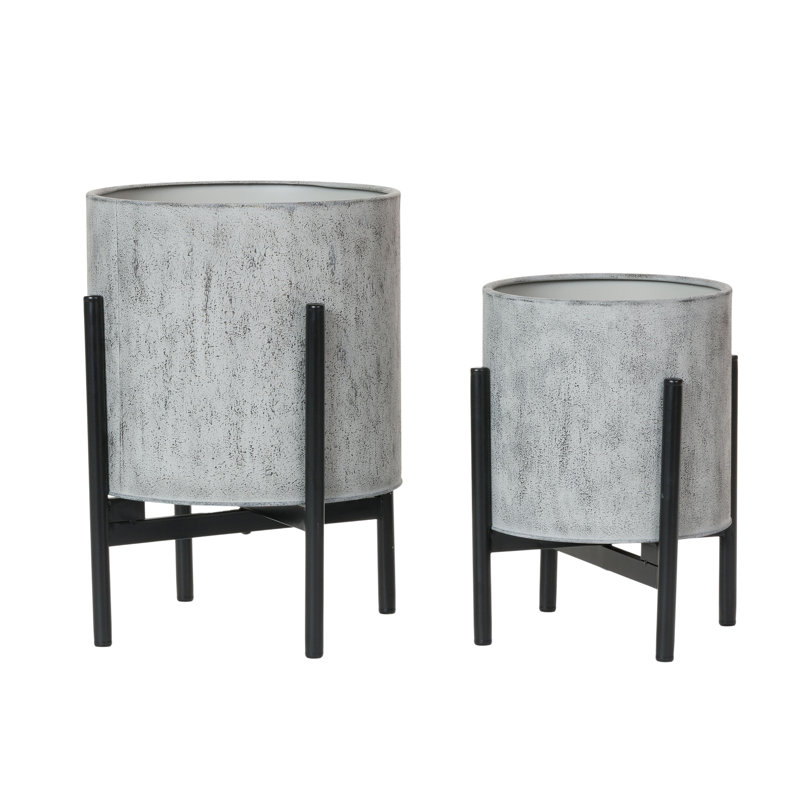 Gray Concrete and Black Metal Mid Century Modern Planter Set
