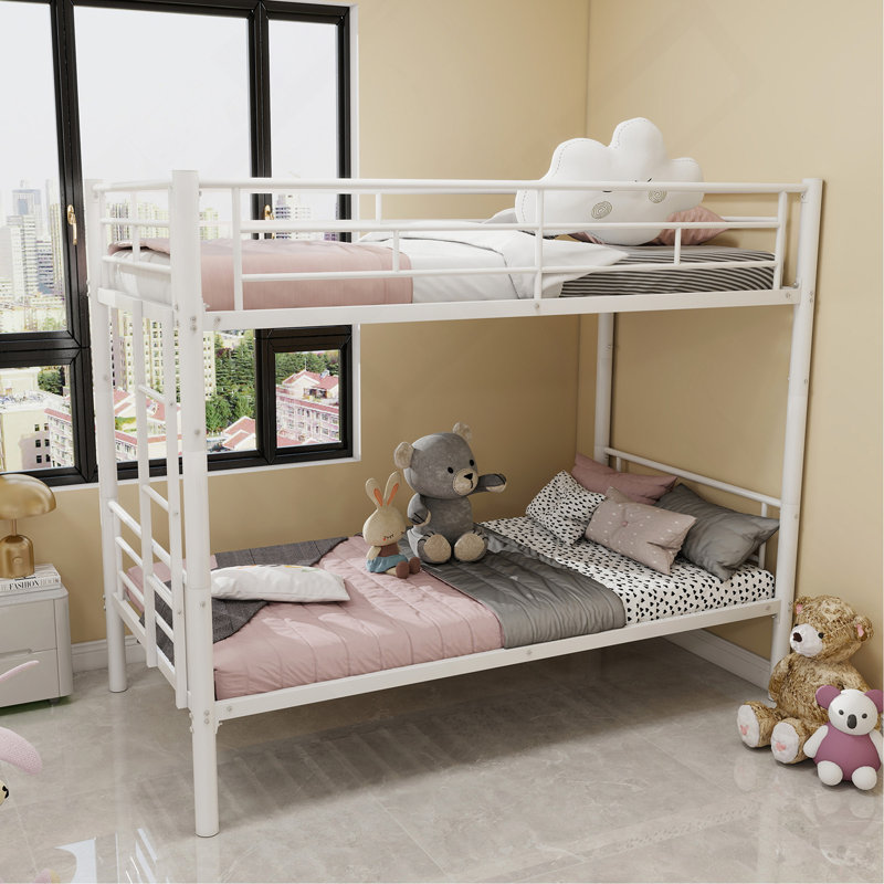 Lit superposé simple au-dessus d'un lit simple en métal pour les filles, structure de lit en métal avec échelles et garde-corps, 2 lits convertibles, aucun sommier requis