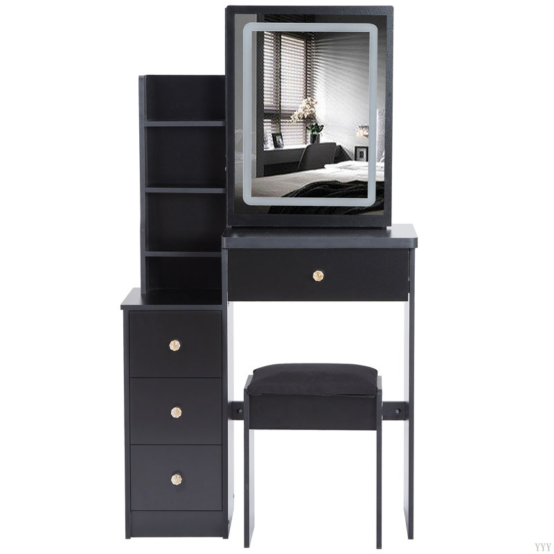 Petite coiffeuse de 29,2 po avec tabouret de chevet gauche + grand tabouret rembourré, commande tactile, interrupteur tricolore, miroir à luminosité réglable, rangement à grande capacité, convient aux petits espaces