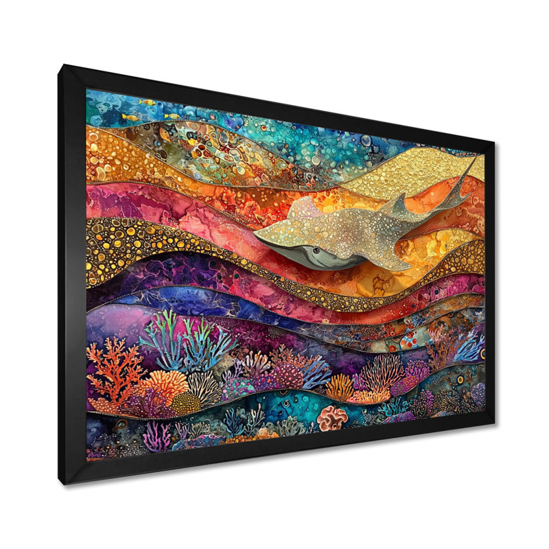 Abstrait Stingray In Aquarium Colorful Collages I - Stingray, reproduction d'art sur toile encadrée, H 30 po x l 40 po, Noir