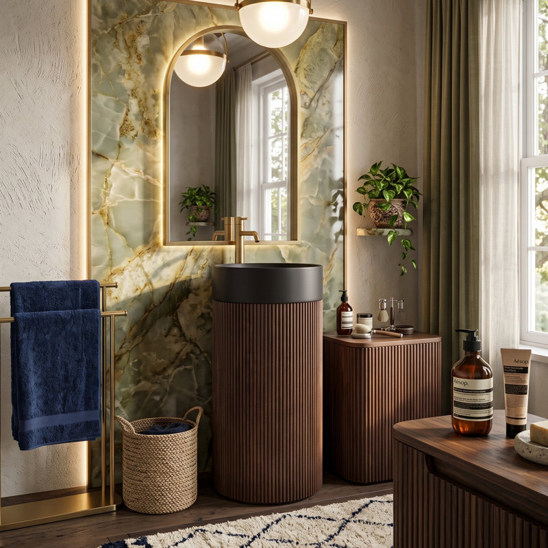 Meuble-lavabo cylindrique autoportant 16 po avec lavabo rond à surface solide, bois massif scandinave moderne, Walnut, Black