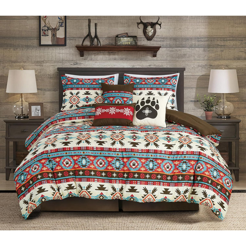 Sanse Southwestern Geometric Motif Printed Microfiber Comforter Set, California King Comforter + 6 Additional Pieces