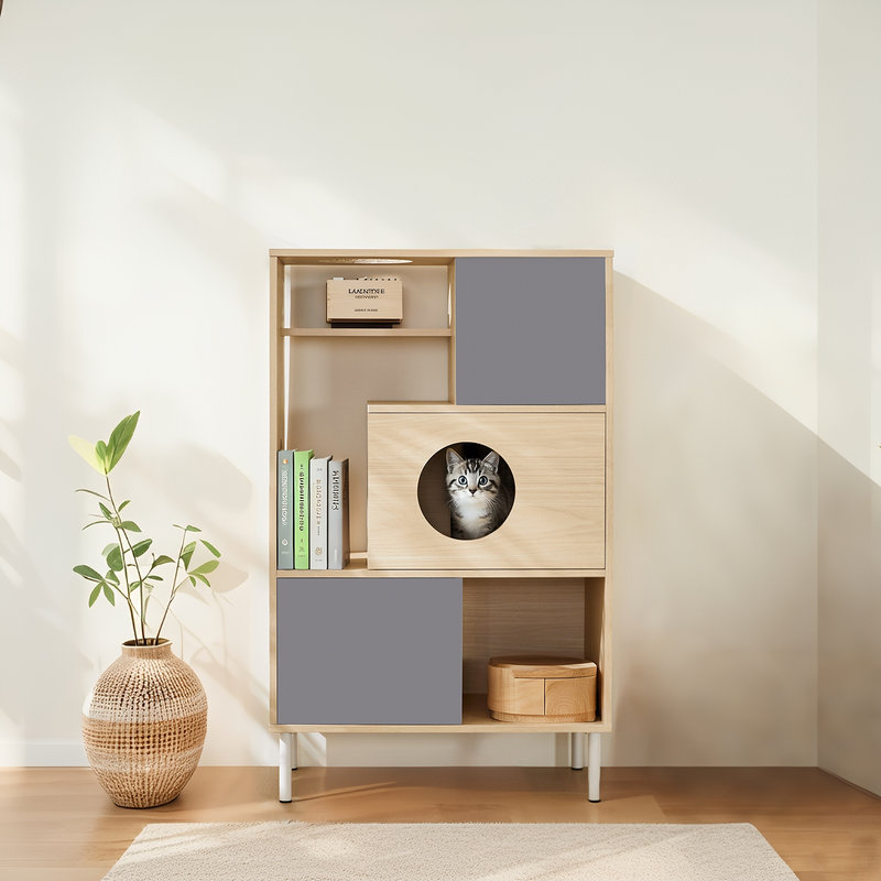 Modern Cat Bookcase, Cat Cabinet, Cat Tree Shelves with Storage