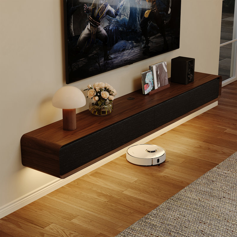 Floating TV Stand, Entertainment Center With LED Light, Solid Wood, Fully-Assembled, 9.84" H x 94.48" L x 14.57" W
