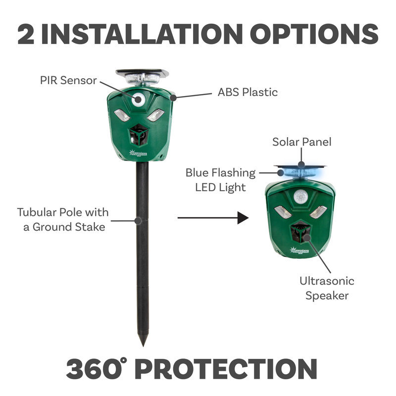 360-Degree Solar Ultrasonic Animal Repeller with Mounting Pole