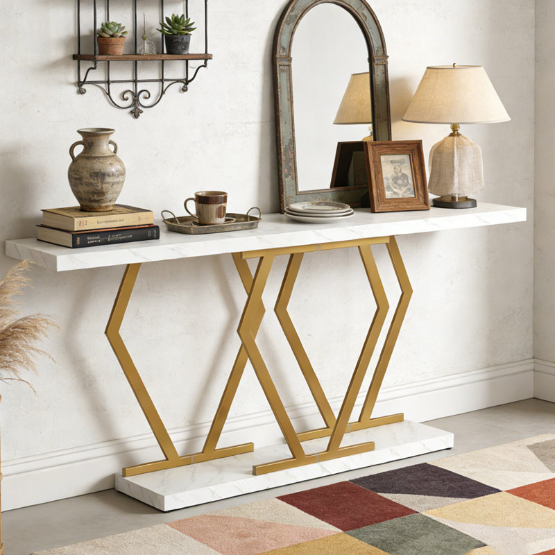 Table console moderne avec plateau en faux marbre, Or blanc
