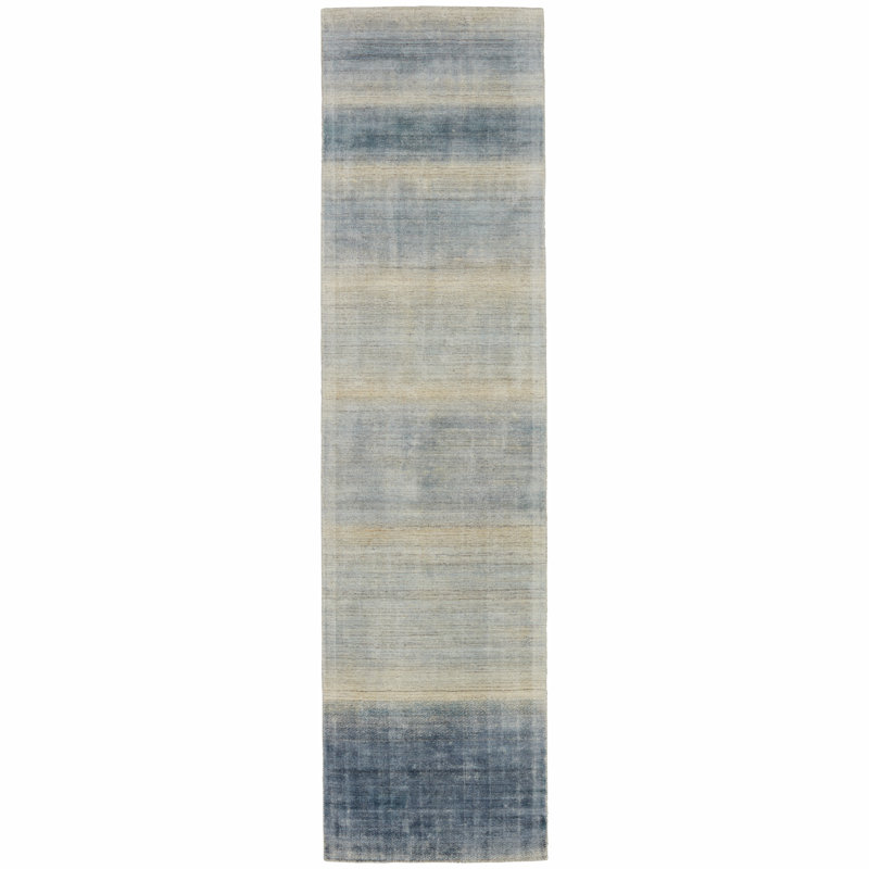 Blue Ombre Wool and Viscose 3' x 12' Runner Rug