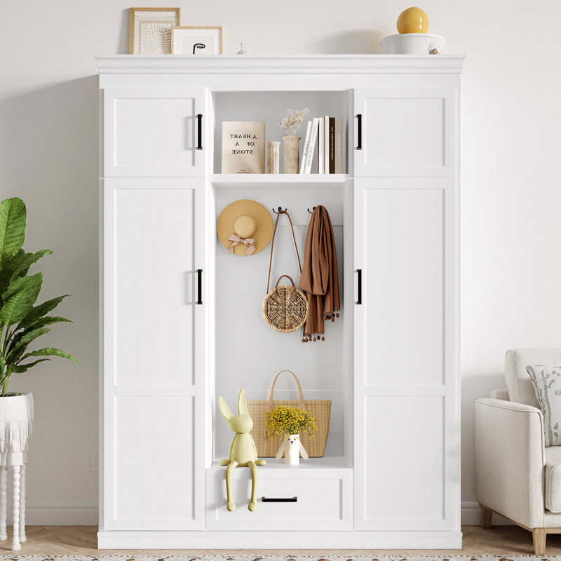 85"Modern Hall Tree – 63" Wall-to-Wall Storage, 4 Door Cabinets, Hidden Drawer & Shoe Bench. Grand Foyer Statement in Matte