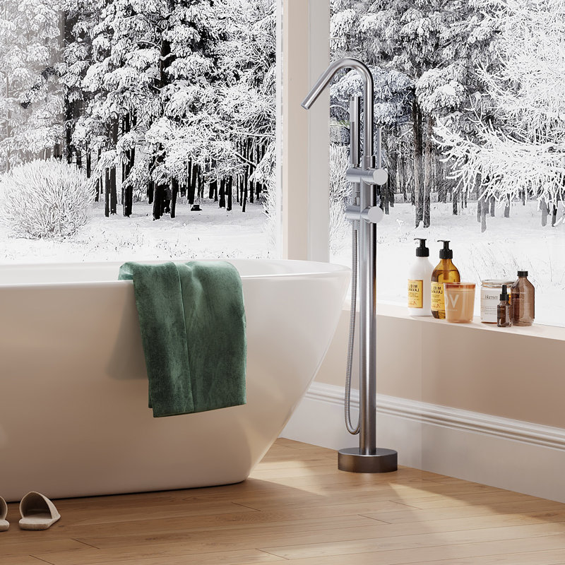 Floor Mount Bathtub Faucet, Faucet Freestanding Tub Filler Standing, High Flow Shower Faucets Shower Mixer Taps, Swivel Gooseneck Spout with Cylinder Handheld, Max Flow Rate 7.4 GPM, Silver