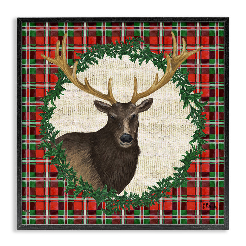 «Festive Plaid Elk», art de la giclée encadrée par Paul Brent, Giclée encadrée noir minuit, H 12 po x l 12 po