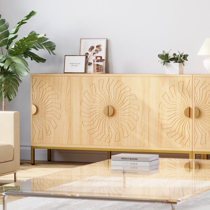 55" Light Brown Sunflower Pattern Sideboard Buffet Cabinet with Metal Base