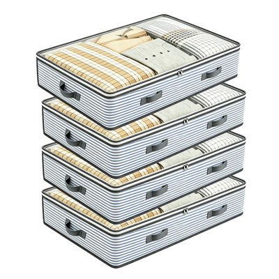 4 Pack Foldable Striped Non-Woven Under Cabinet Storage Bins, 19.7×15.7×5.9 in Dual-Use Flat Storage Boxes with Clear Lid & Triple Handles for Closet