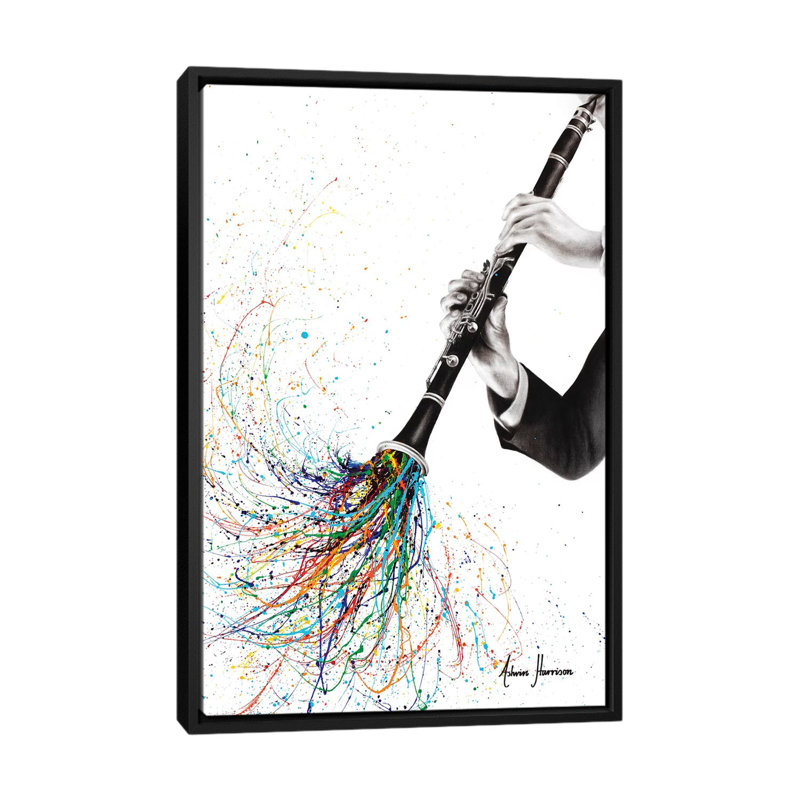 «A Clarinet Tune» par Ashvin Harrison - reproduction, H 26 po x l 40 po x P 1,5 po, Toile avec cadre noir, Aucun mat