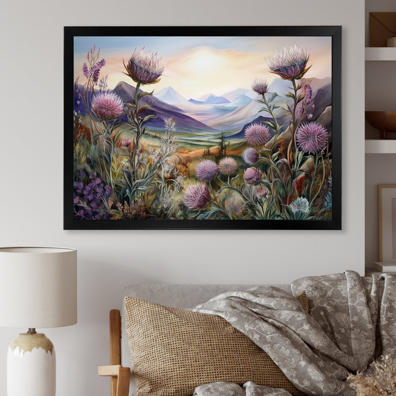 «Mauve chardon champ montagne breloque - chardon», art mural encadré, Cadre simple noir, H 34 po x l 44 po x P 1,5 po