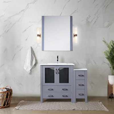 Meuble-lavabo simple de 107 cm de large, gris foncé, avec armoire latérale, comptoir en céramique blanche, structure en bois massif, tiroirs à fermeture amortie, un placard intérieur et cinq tiroirs pour un rangement optimal, comptoir teinté.