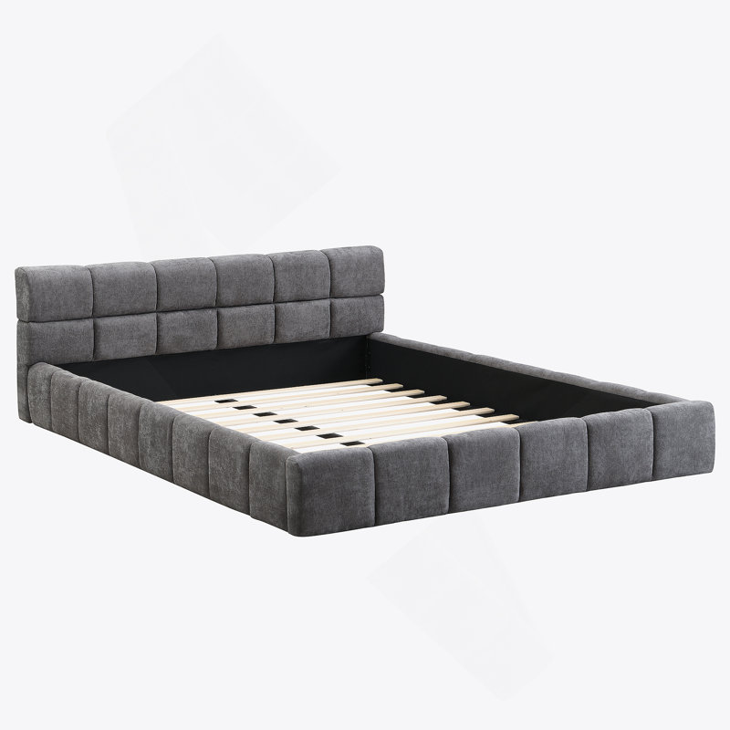 Lit tapissier élégant en chenille beige avec motif damier, grand, gris