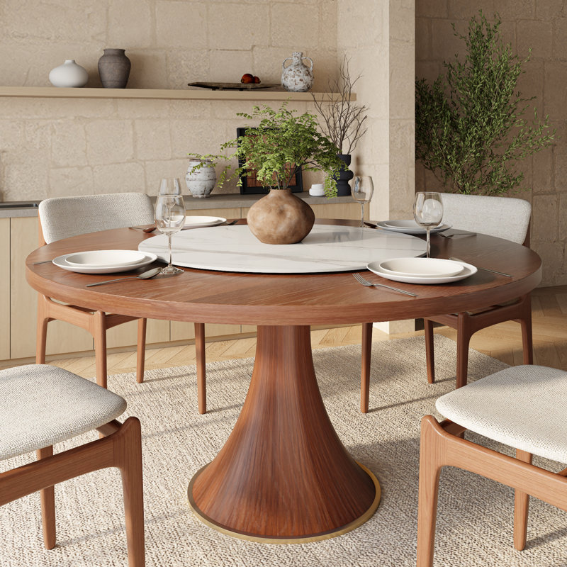 Round Mid-Century Farmhouse Solid Wood Dining Table With Removable Stone Lazy Susan Jaivyn, 29.52"H x 53.15"L x 53.15"W