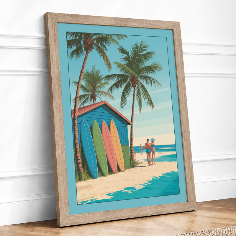 Turquoise Beach Hut Coastal - Framed Print, A1 - 84.1 x 59.4 cm, Oak