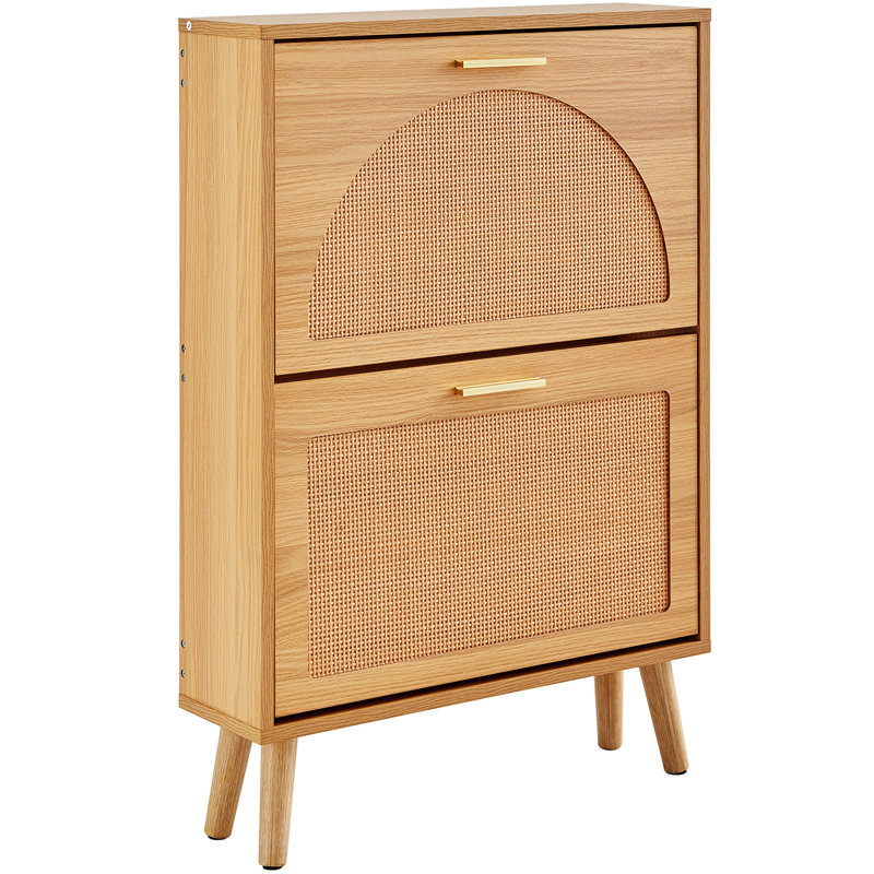 Shoe Cabinet With 2 Flip Drawers, Shoe Storage Cabinet For Entryway, Free Standing Shoe Storage Organizer With Rattan Doors For Heels