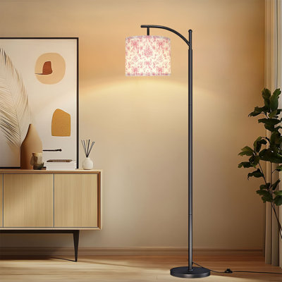 Arc Floor Lamp with Adjustable Lampshade Pink Ribbon Bows Floral Toile Soft Pastel Vintage Style Standing Lamp 3 Color Temperatures Dimmable Tall Pole Lamp with Foot Switch for Bedroom