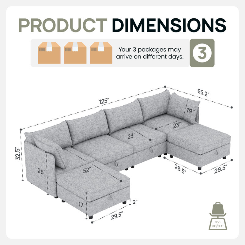 Canapé modulaire 6 places avec rangement caché, canapé convertible avec coussins moelleux, Polyester gris
