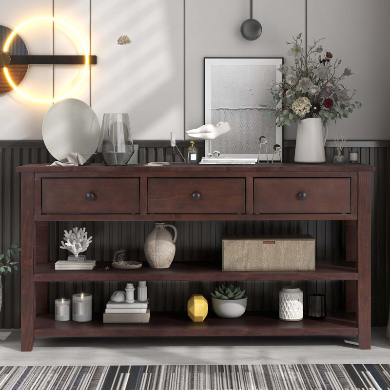 Console rétro avec deux tablettes ouvertes, structure et pieds en bois de pin massif, Espresso, Espresso