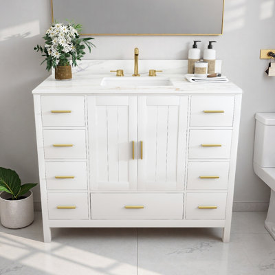 Meuble-lavabo moderne en bois massif de 42 po avec lavabo, comptoir en pierre frittée de 43 po avec 3 trous de robinet pré-percés, 2 portes doubles à fermeture douce et 9 tiroirs spacieux avec glissières