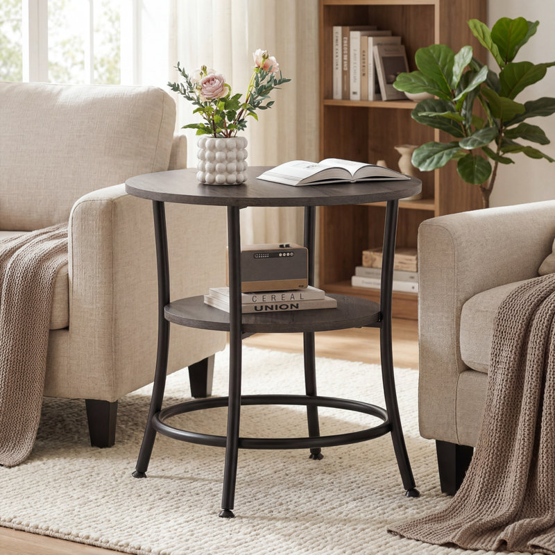 2-Tier Wood Grain Round Side Table, Sofa/Bed Side Table With Shelf, Round End Table For Small Spaces Living Room Bedroom