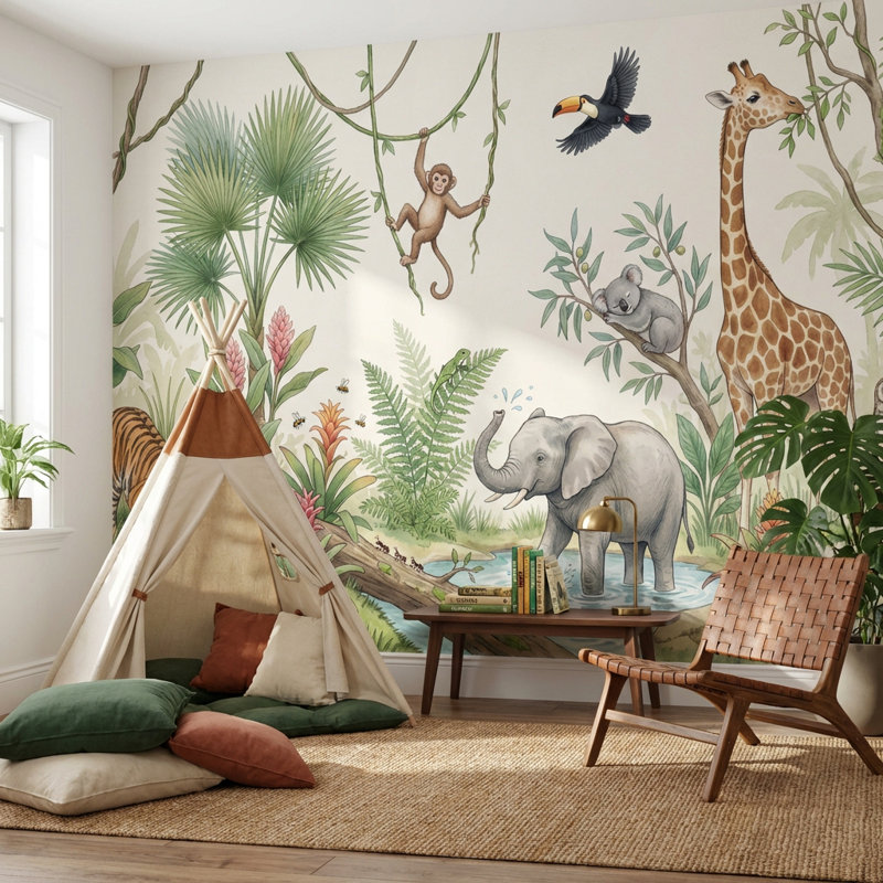 Papier peint Jungle, animaux de safari, aquarelle, illustration murale amovible, 100 po x 96 po, Texturé non collé