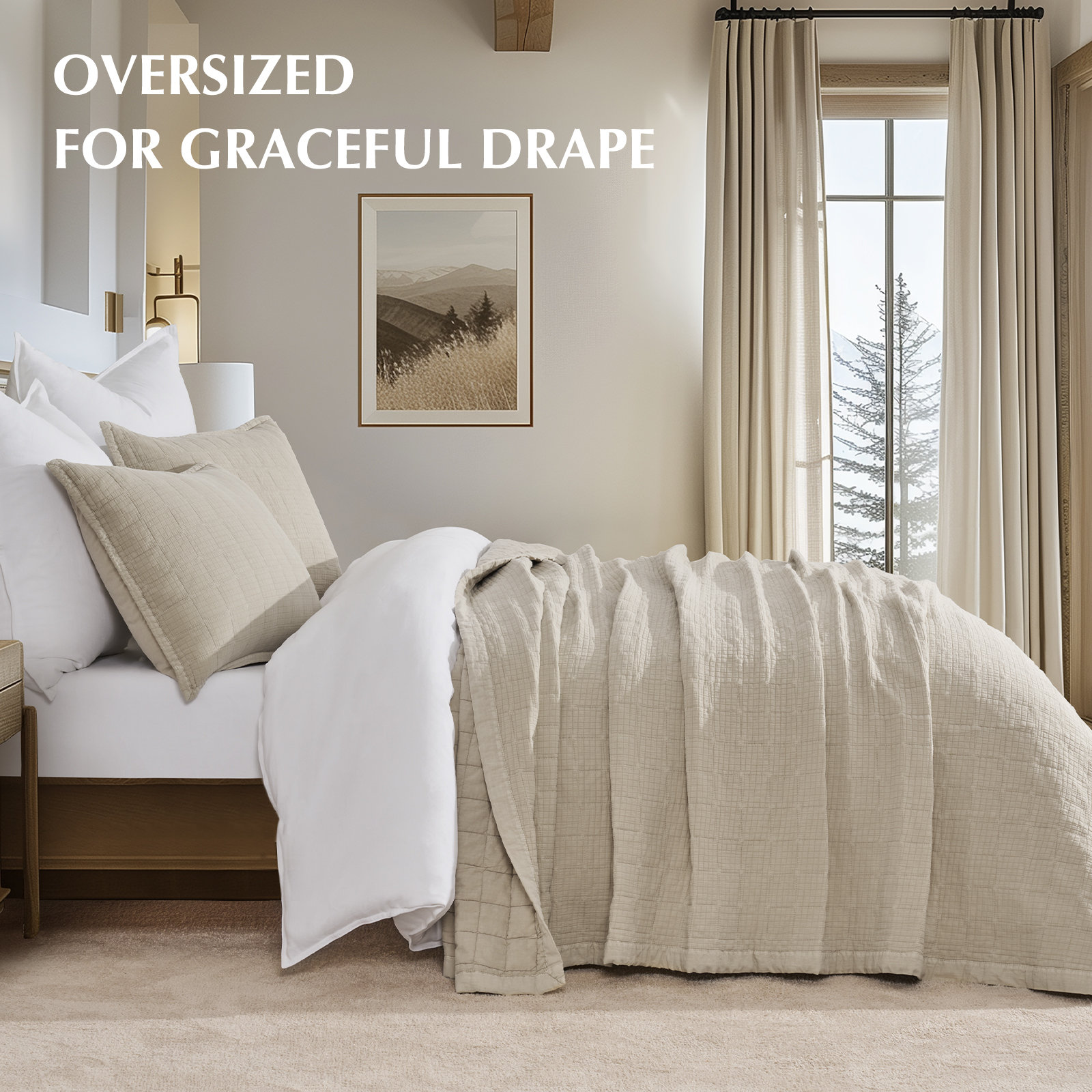 Crinkle Cotton Quilt Set, Flax Beige, Queen Quilt + 2 Queen Shams