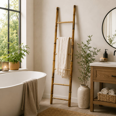 Échelle en bambou naturel, support incliné décoratif et utilitaire, brun 86 pouces