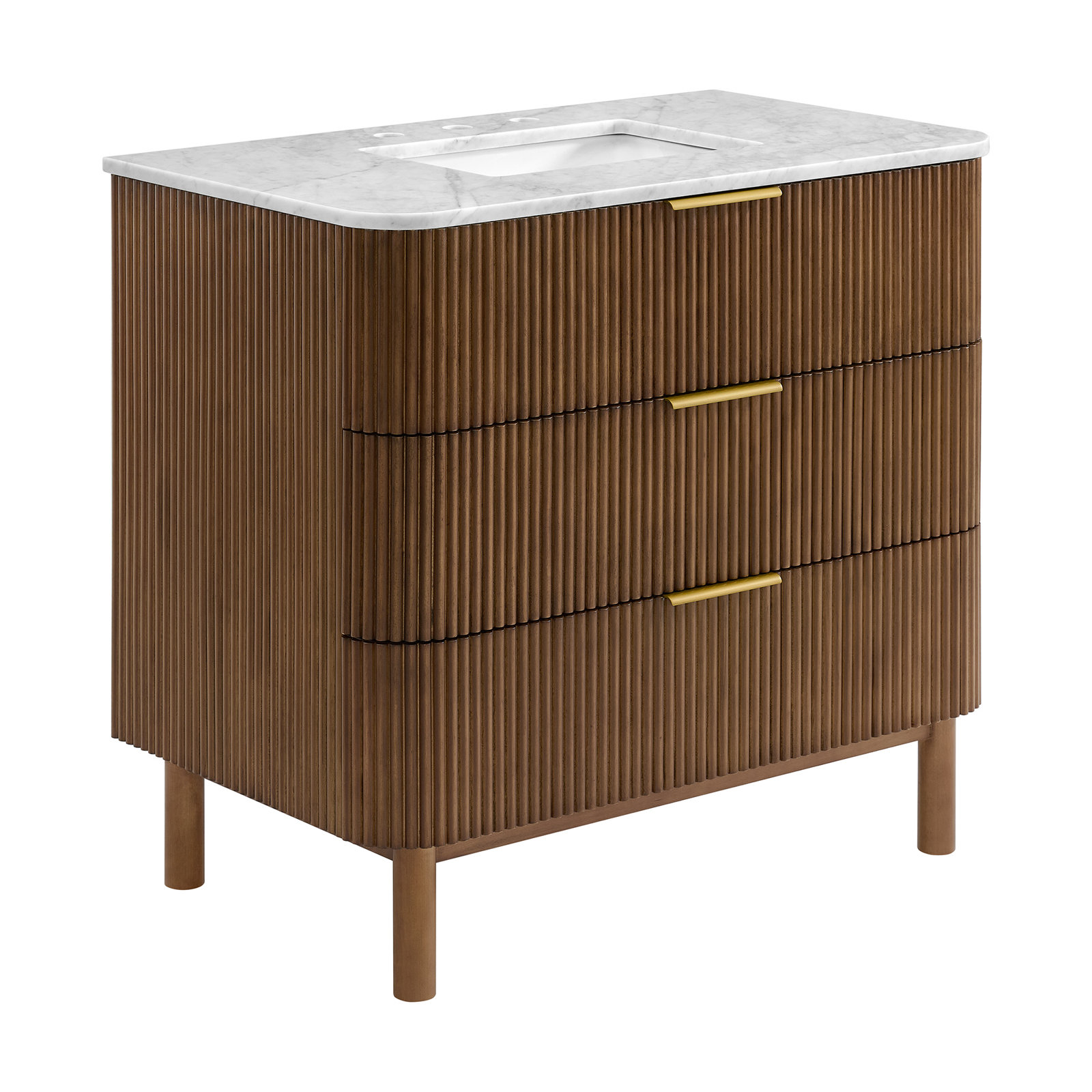 Nova 36" Marble Top Single Sink Vanity, Brown Reeded Birch