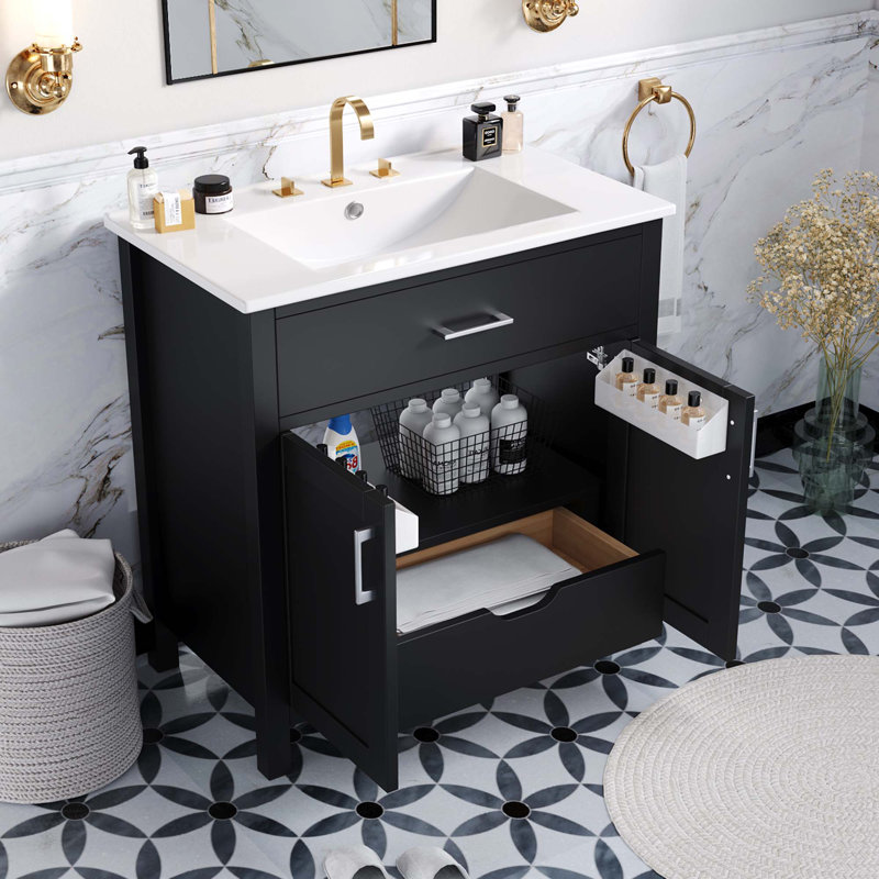 Meuble-lavabo de salle de bain avec lavabo en céramique, 2 portes et 1 tiroir caché, Noir