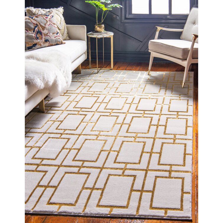 Glam Geometric White Gold Area Rug , Size 160x245D