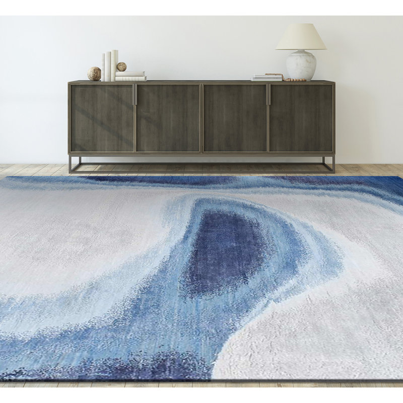 Abstract Area Rug in Ivory/Silver/Blue