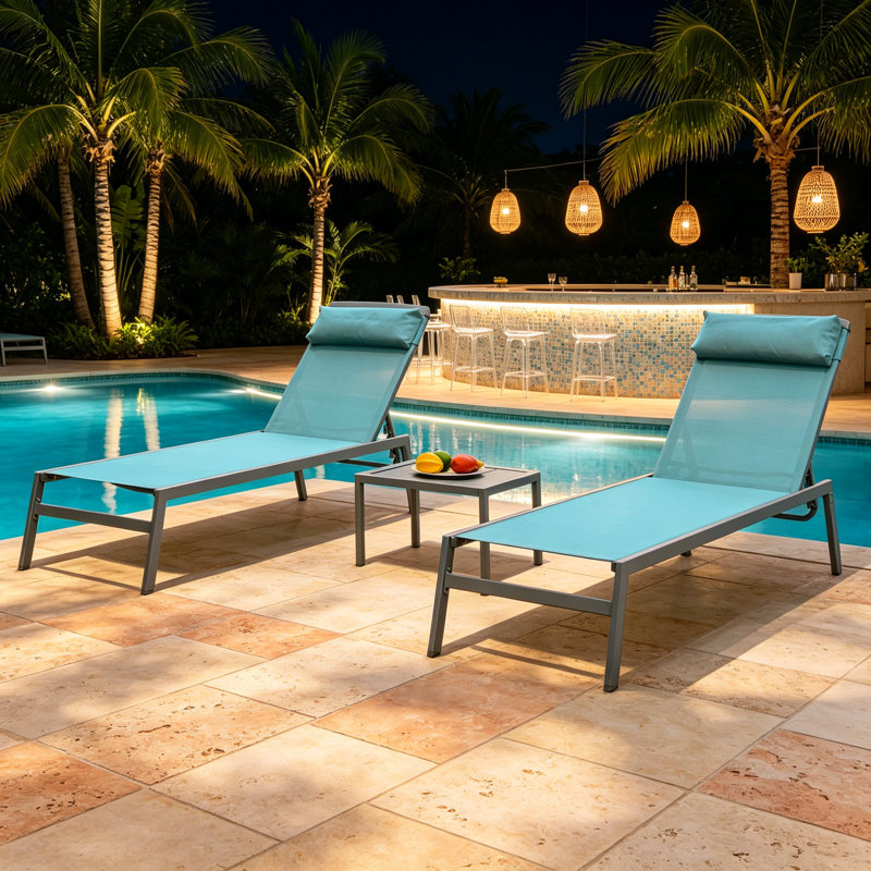 Adjustable Reclining Metal Outdoor Chaise Lounge with Table (Set of 3) , Lake Blue