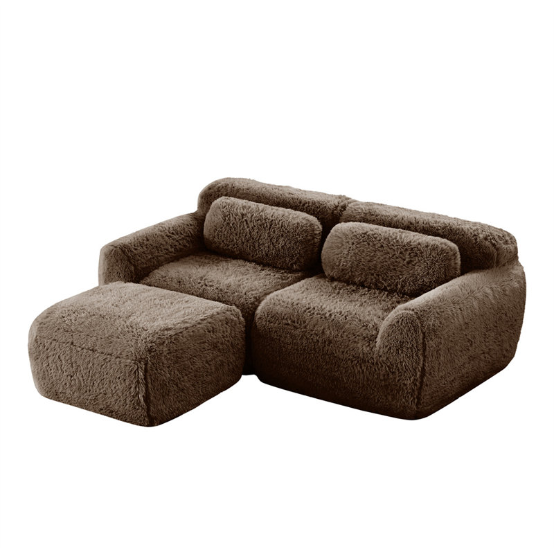 80.3" L-Shaped 2-Seater Sofa with Ottoman, Chocolate Fabric