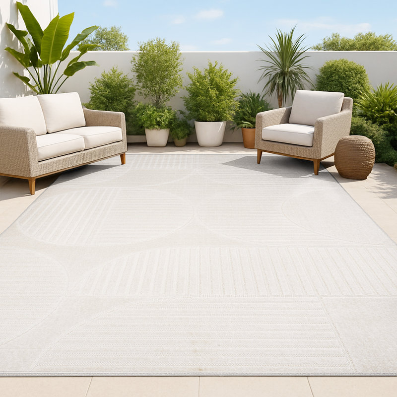 Tapis intérieur / extérieur rayé ivoire / crème Arnika, Rectangle 7 pi 10 po x 10 pi