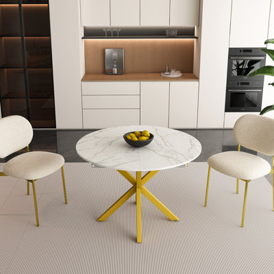 Table de salle à manger ronde moderne et simple avec des lames extensibles, une base en acier au carbone en X, robuste et durable, idéale pour les restaurants, les petits appartements et les cuisines (peut accueillir 4 à 6 personnes)