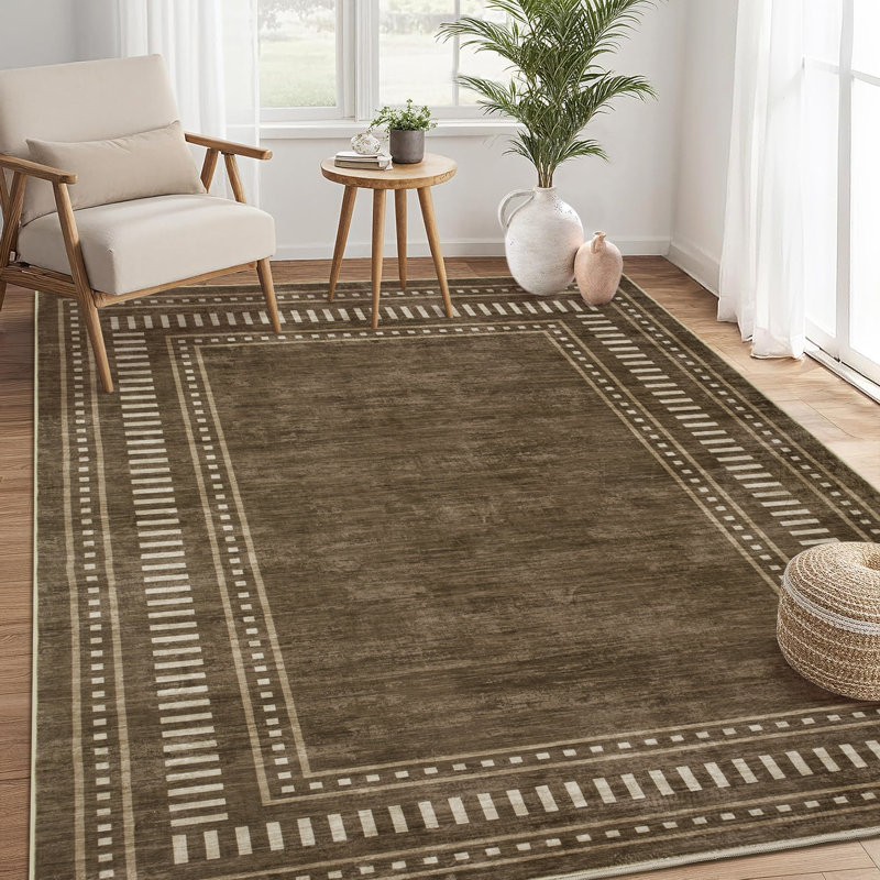 Tapis bordé lavable à la machine avec envers antidérapant Tapis antidérapant pour salon, Brun, Rectangle 5 pi x 7 pi