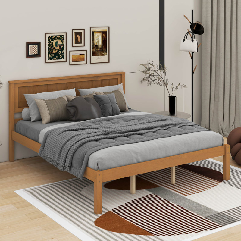 Base de lit plateforme avec tête de lit, support à lattes de bois, Grand lit, Chêne