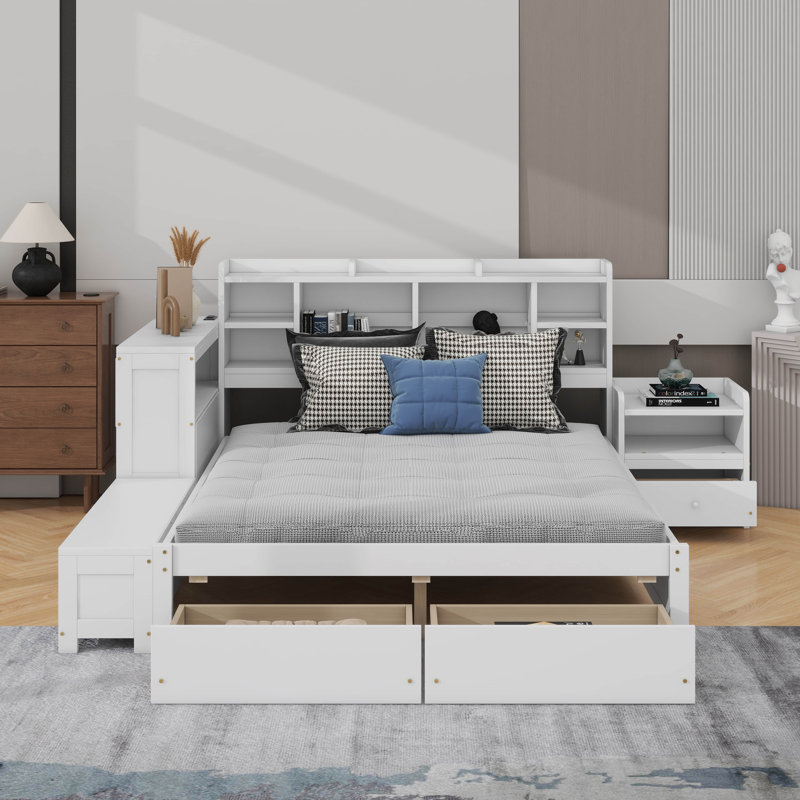 Lit plateforme double en bois avec espace de rangement multifonctionnel, table de chevet, tiroirs, ports USB et bureau, Blanc