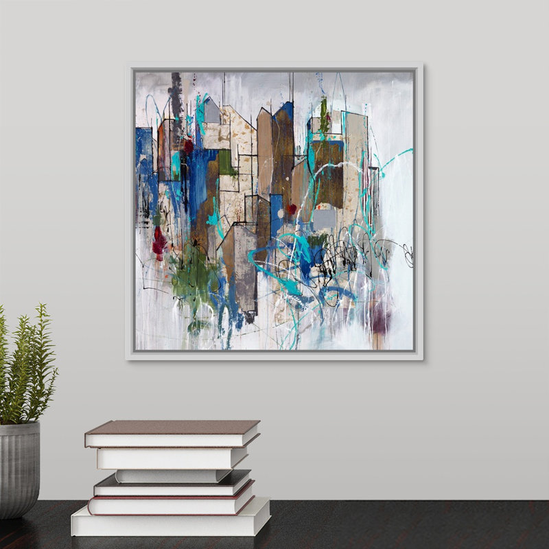 « stomping ground oreillers », peinture sur toile, Cadre flottant blanc, H 13,7 po x l 13,7 po x P 1,75 po